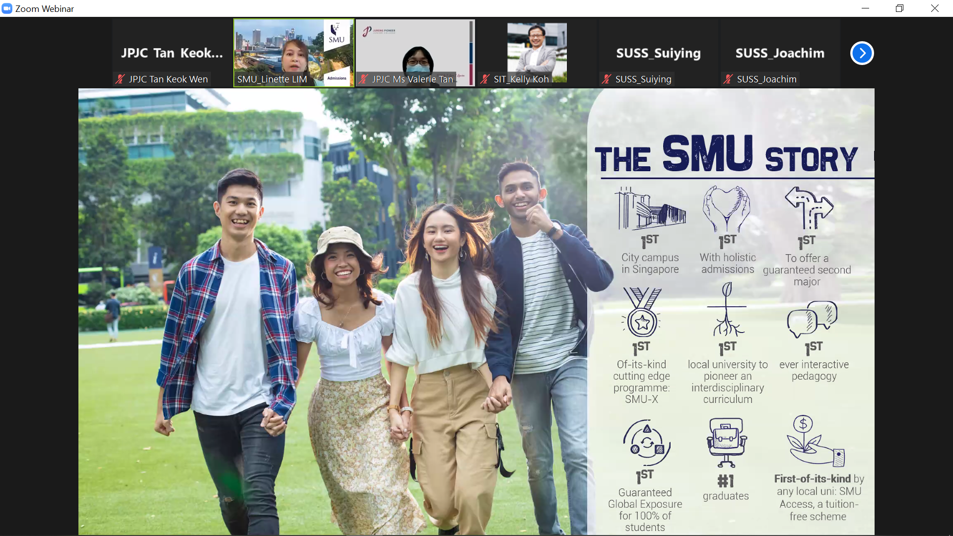 Zoom webinar showing four smiling students walking outdoors beside an SMU Story infographic listing university firsts.